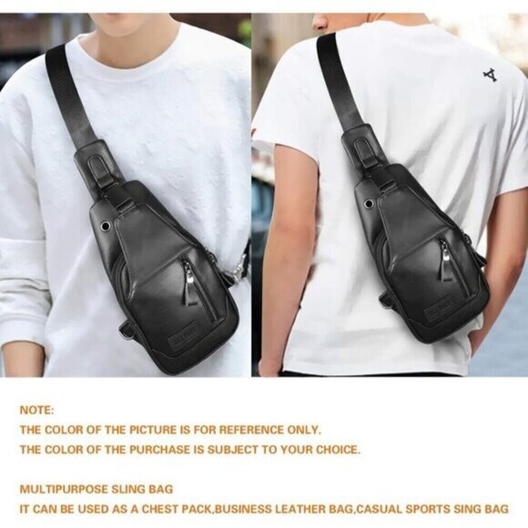 💫 Men Black Crossbody Bags Leather Sling Purse Chest Backpack Shoulder Bags - Picture 8 of 9